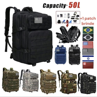 Mochila 50 Litros + 1 PATCH Tática Militar Camuflada Exército Camping viagem Resistente a Água em Oferta na Shopee