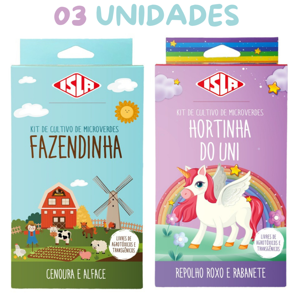 Kit 03 Cultivo De Microverdes Kids Fazendinha e Uni Cenoura Alface Repolho Rabanete