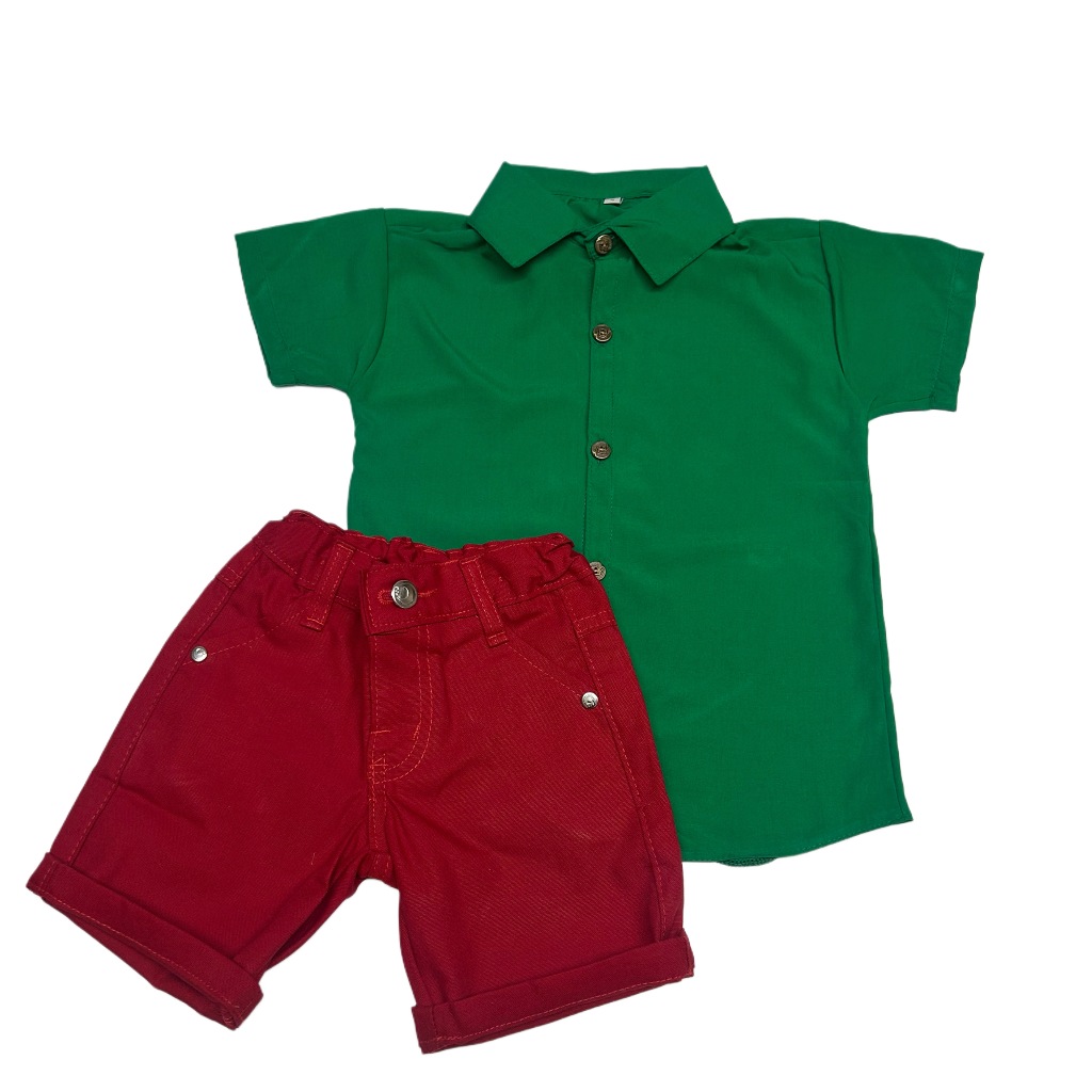 Conjunto Infantil Elegante - Camisa Verde e Bermuda Vermelha | Look Perfeito para Festas de Fim de Ano!