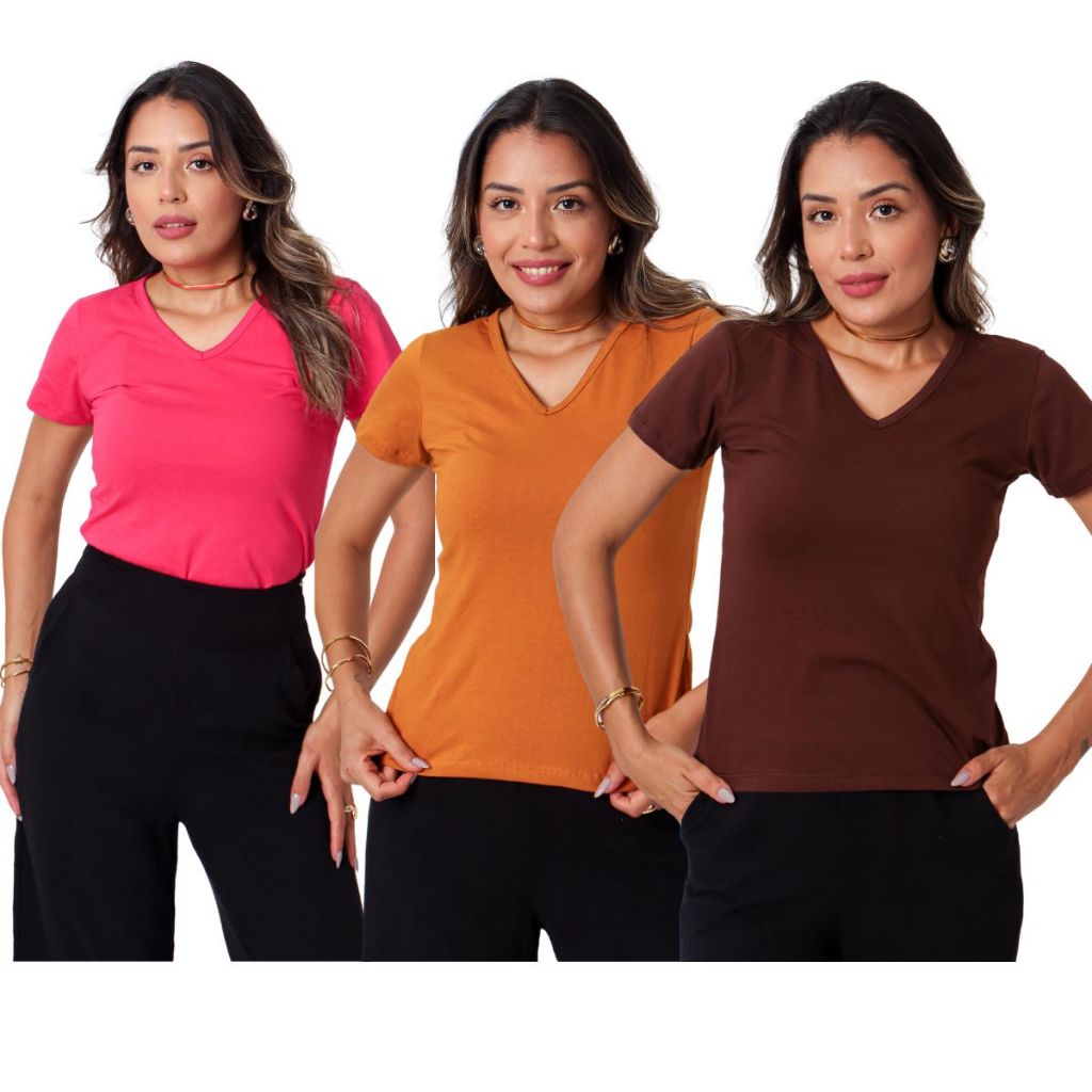 Kit 3 Gola V T-shirt Básica Opção de Escolha Feminina Lisa Camiseta 100% Algodão Blusinha