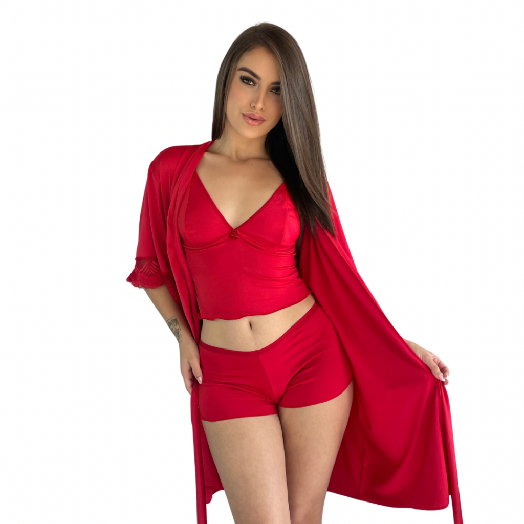Kit Robe de Renda Com Mangas + Baby Doll Top Poliamida em Oferta na Shopee