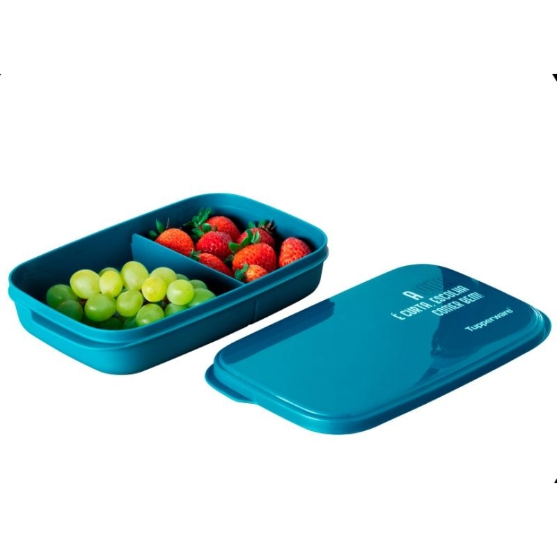BASIC LINE SLIM 590ML COM DIVISÓRIA FRASE "A VIDA É CURTA ESCOLHA COMER BEM" TURMALINA - TUPPERWARE