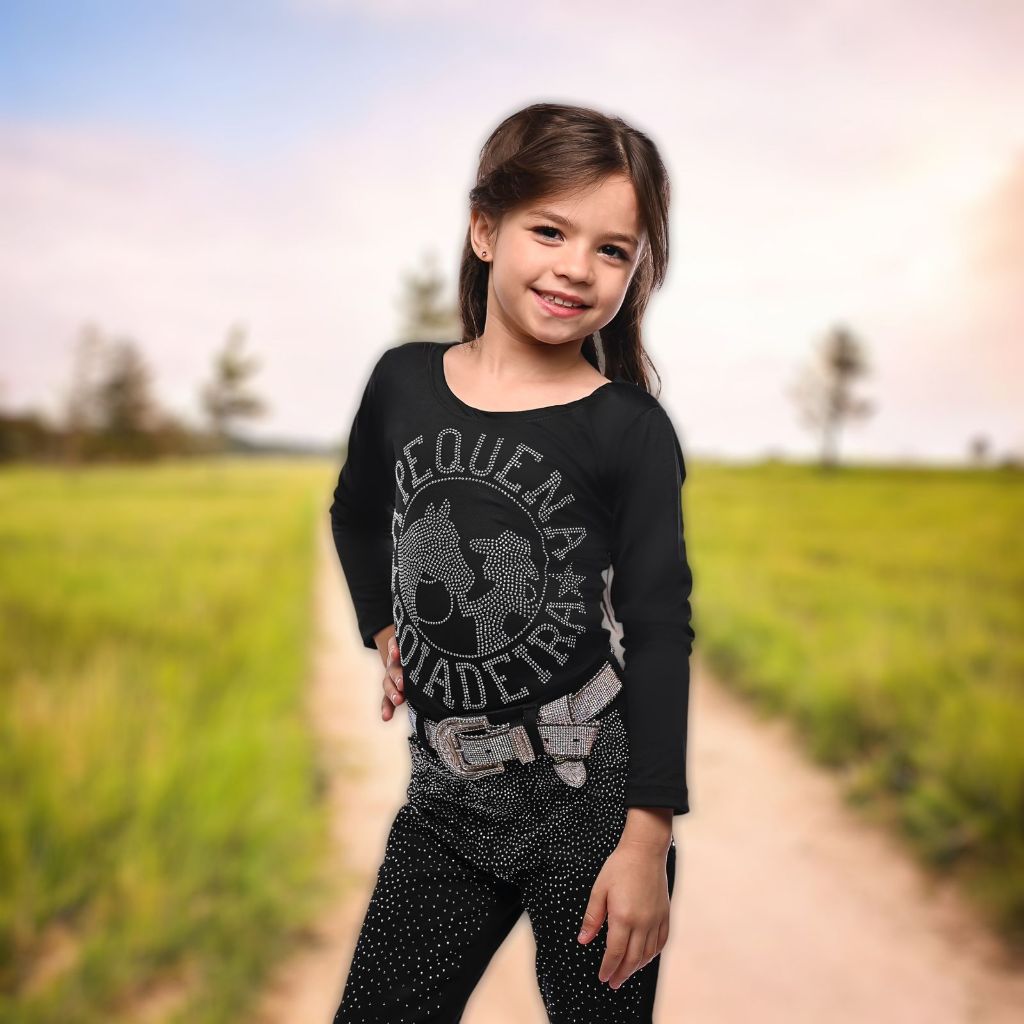 Body Infantil Menina Manga Longa Strass Brilho Colorido Pequena Boiadeira Country Rodeio Strass