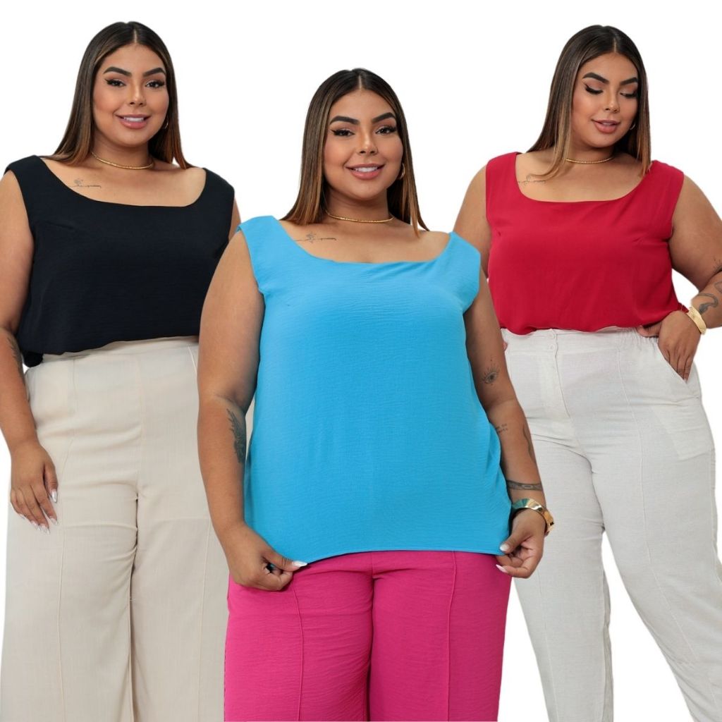 Blusa Alça Larga Regata Social Feminina Duna Plus Size GG G1 G2 G3