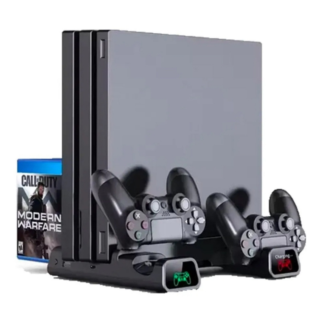 Base Vertical Carregadora Manete Dock + Cooler 2 Ventoinhas + Stand 10 Jogos Compatível Ps4 Slim Pro