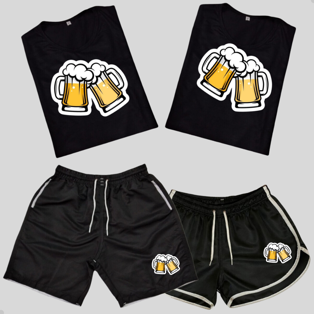 Conjunto Shorts Casais Chopp + Kit 2 Camisetas de Casal Bons Bebedores Boas Festas top
