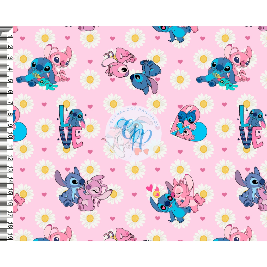 Tecido tricoline, microfibra ou gabardine -  Stitch e Angel - Margaridas - fundo rosa - 0.50CM