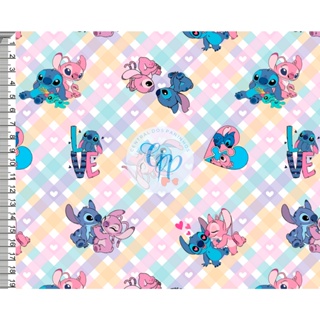 Tecido tricoline, microfibra ou gabardine - Stitch e Angel - fundo xadrez corações - 0.50CM em Oferta na Shopee