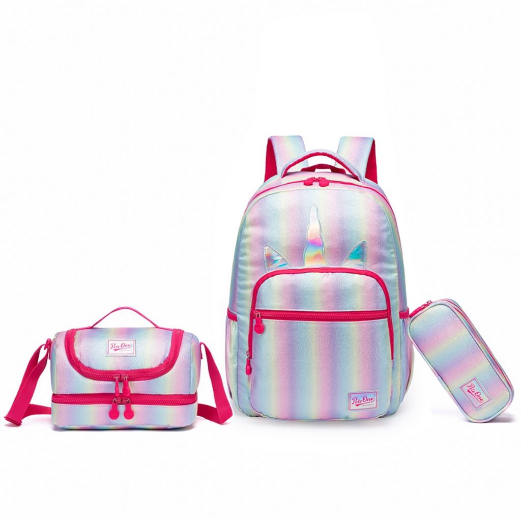 Kit Mochila Juvenil Holográfica Arco Iris Resistente Alça Costas mao Estojo Duplo Lancheira Ombro