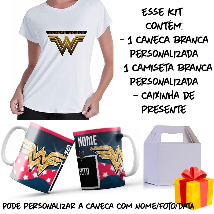 KIT CANECA CAMISETA E CAIXINHA PERSONALIZADA MULHER MARAVILHA