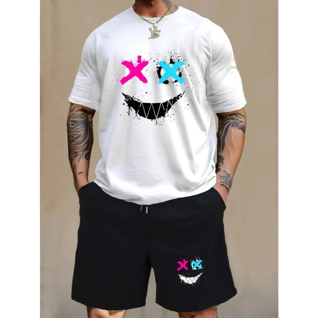 Kit Bermuda + Camiseta SORRISO AESTHETIC COLORIDO  Kit barato estampado de algodão