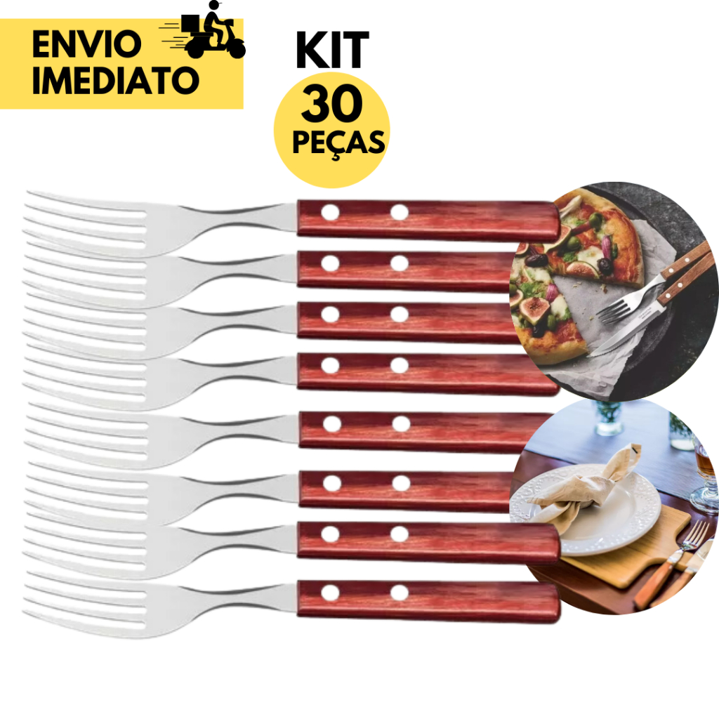 Kit 30 Garfo de Cozinha em Inox com Cabo de Madeira para uso em Cozinha, Restaurante, Hotel , Resorts, Padaria e Buffet.