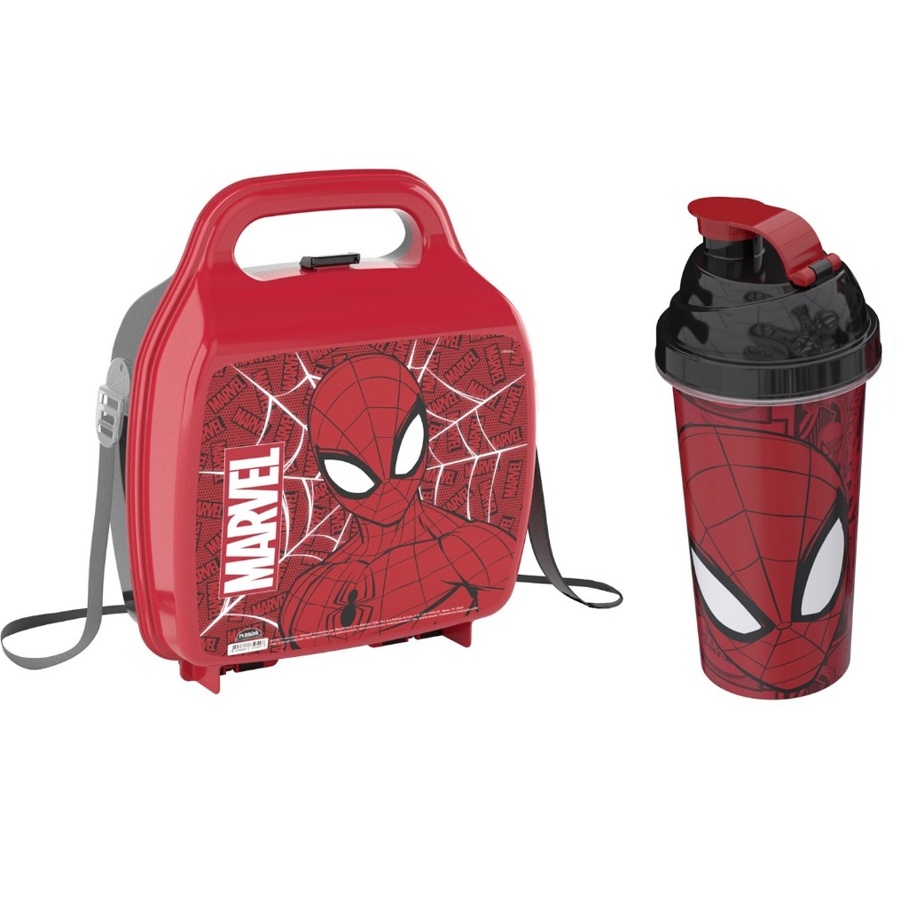 Kit Homem Aranha Lancheira Com Trava e Alça + Garrafinha Shakera 580ml Spider Man