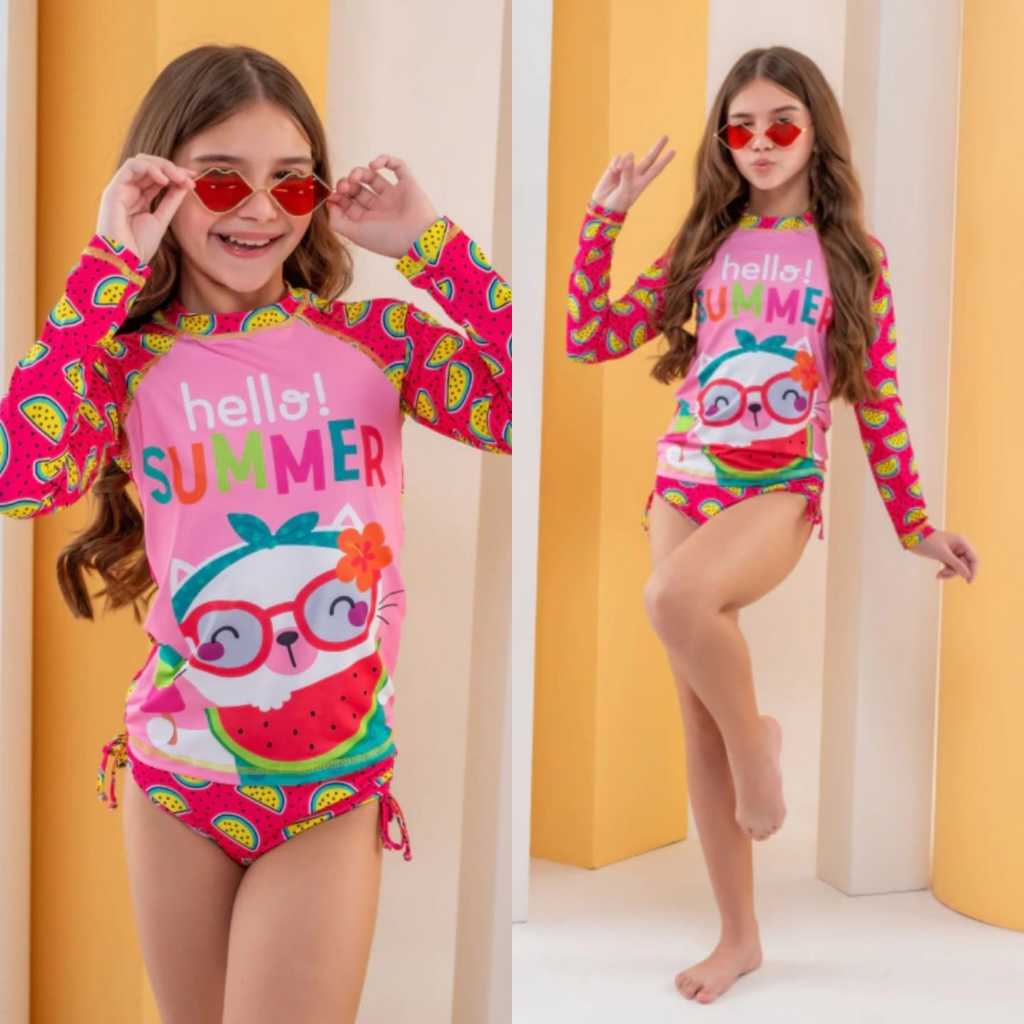 Kit Biquini Blusa UV 50+  infantil  Praia Piscina Estampas Divertidas  02 ao 14