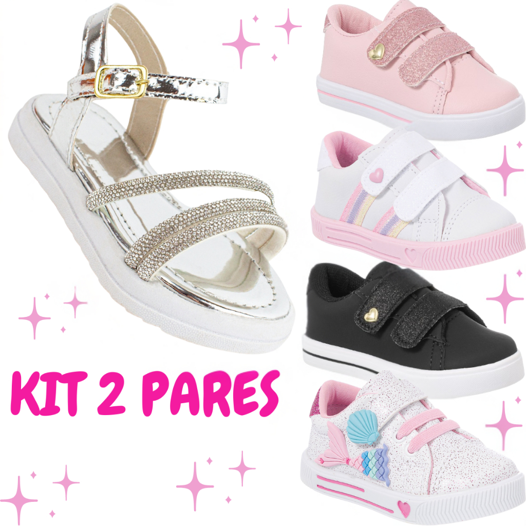 Combo 2 Pares Sandália + Tênis Menina Strass Infantil Brilho Volta as Aulas Confortável Promoção