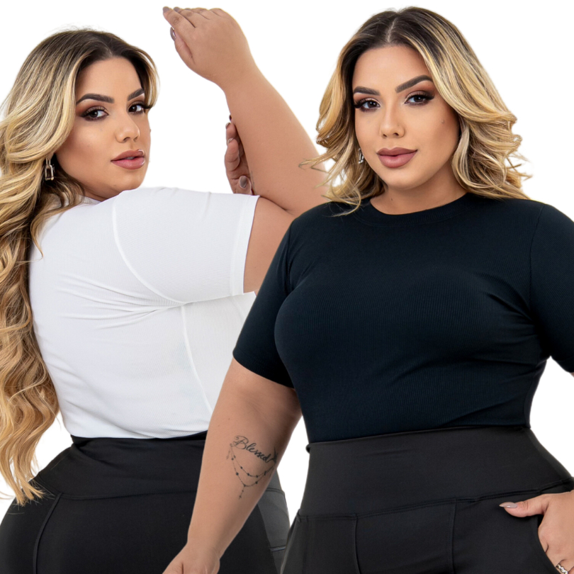 Kit 2 Blusas Feminina Plus Size Manga Curta Canelada Gola Redonda Basica Casual e Elegante...
