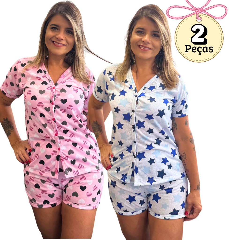 Kit com 2 Pijamas Baby Doll Amamentação Americano Cirurgico com botoes luxo Malha blogueir...