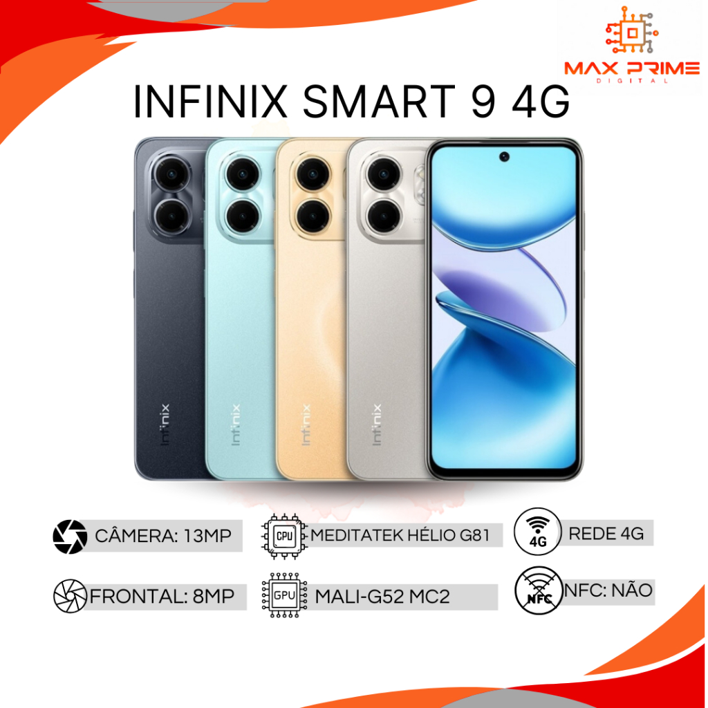 Infinix Smart 9, 128GB 4GB RAM, Câmera 13MP, Processador Mediatek Hélio G81, Bateria 5000M...