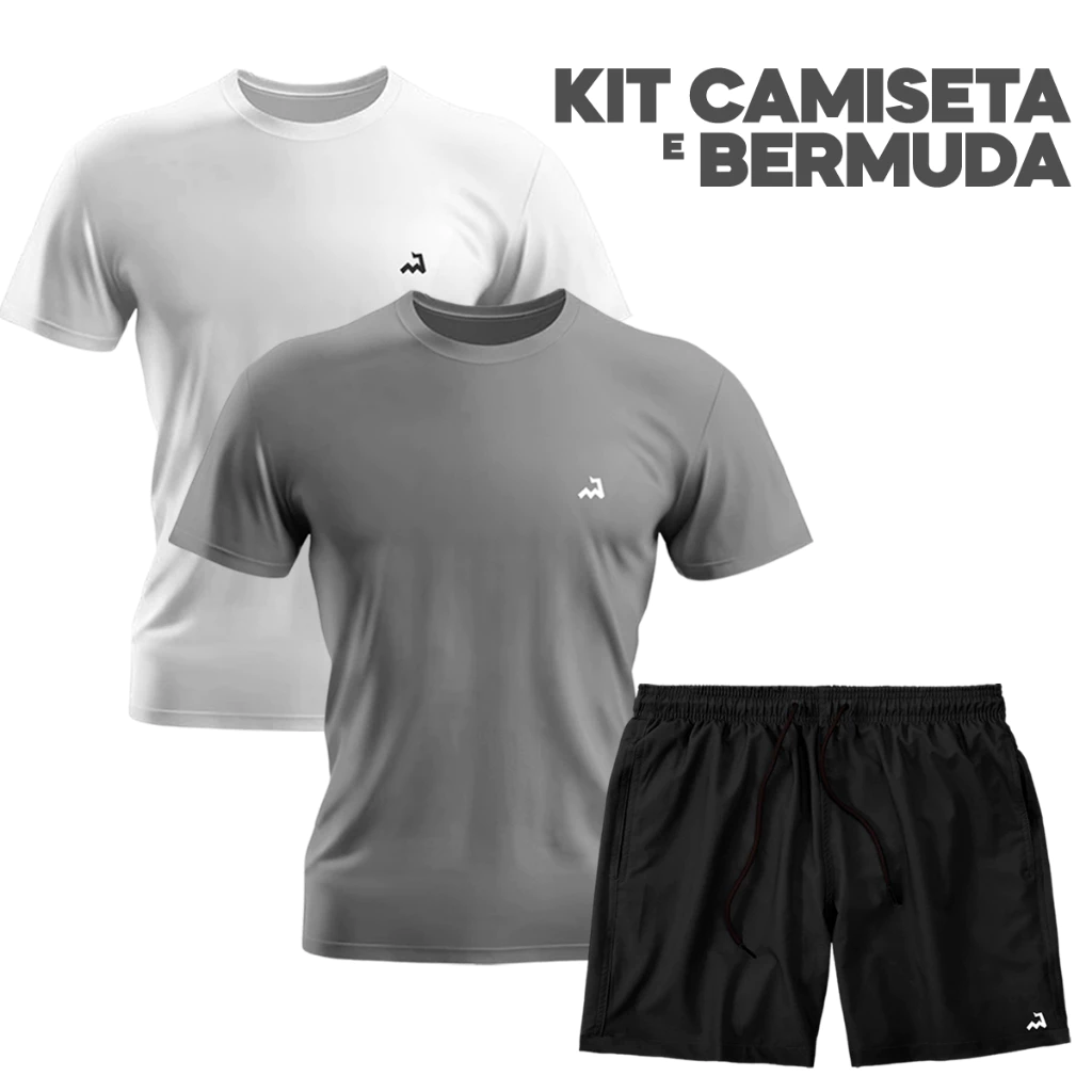 Kit 2 Camiseta Dryfit e 1 Shorts Tactel Masculino Bermuda de Academia Treino Corrida Esportes Praia