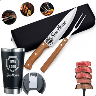 Kit Churrasco 2 Peças + Copo Térmico  Personalizado Logo Time Nome Empresa