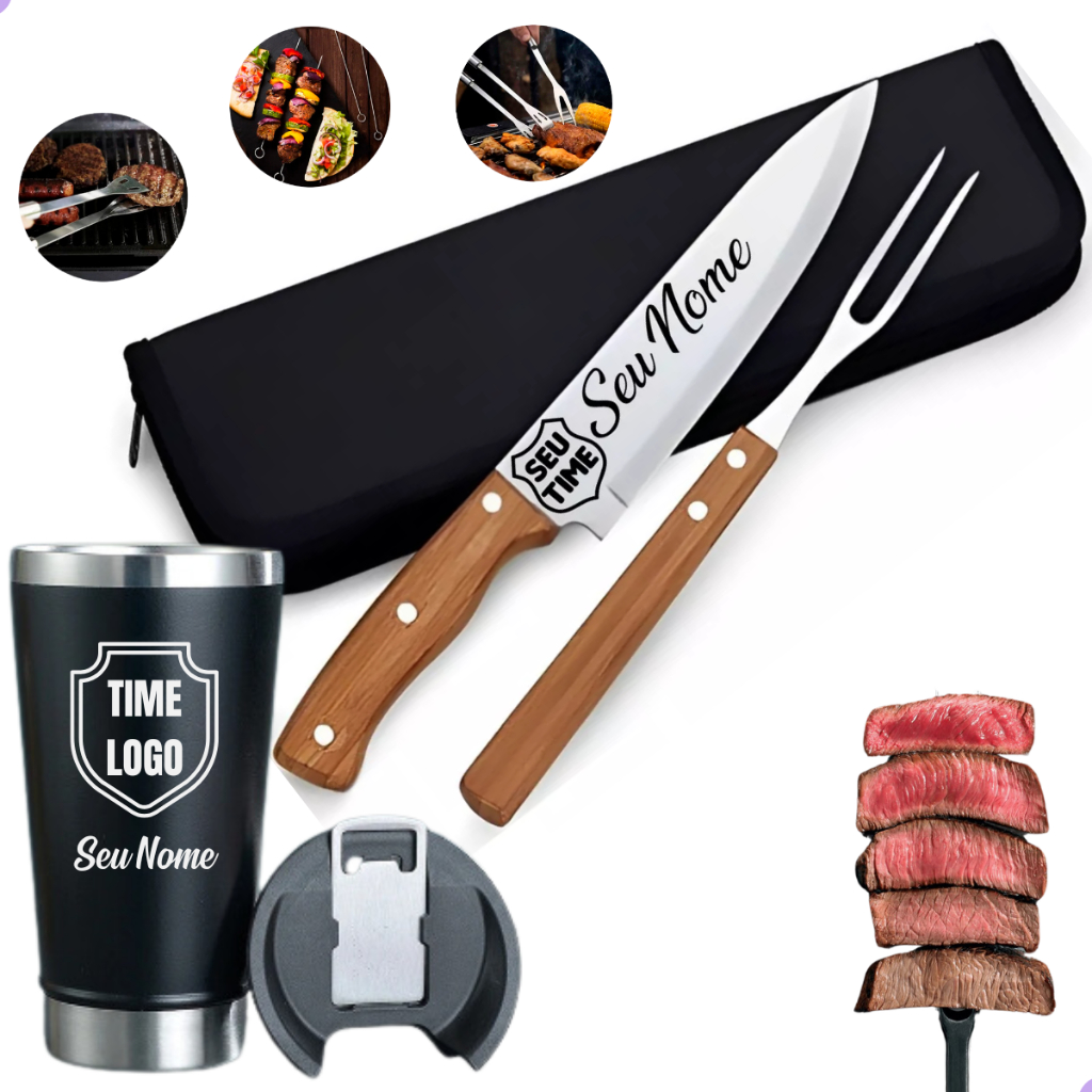 Kit Churrasco Peças Faca Garfo Estojo + Copo Personalizado Nome Time Logo