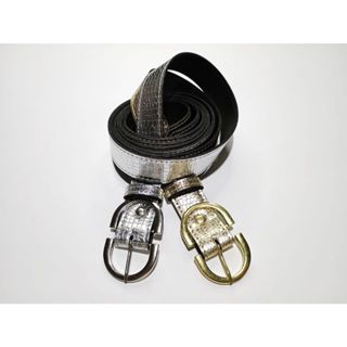 Kit 2 Cintos Femininos Prata e Dourado com Brilho | Textura Crocodilo, Fivela Drica, Costura Fina em Oferta na Shopee