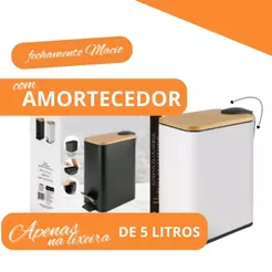 Lixeira com Pedal 5L Slim Branca Preta Metal e Bambu Banheiro com Sistema de Amortecimento