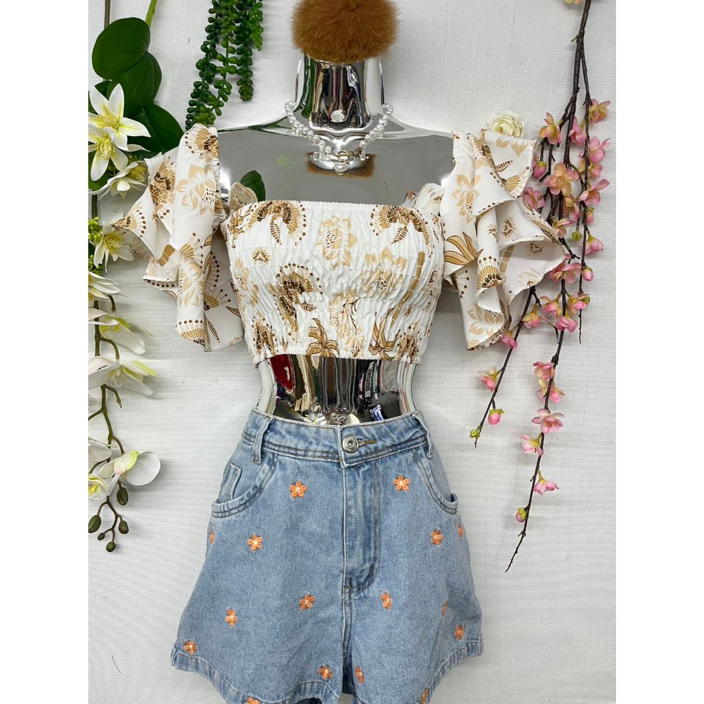 B077 tecido floral de manga curta para trompete elástico no peito em Oferta na Shopee