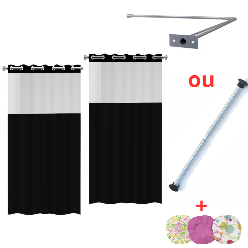 Kit 2 Cortinas de Box para Banheiro + Suporte Varão Bastão em L + Kit Instalação + Brinde