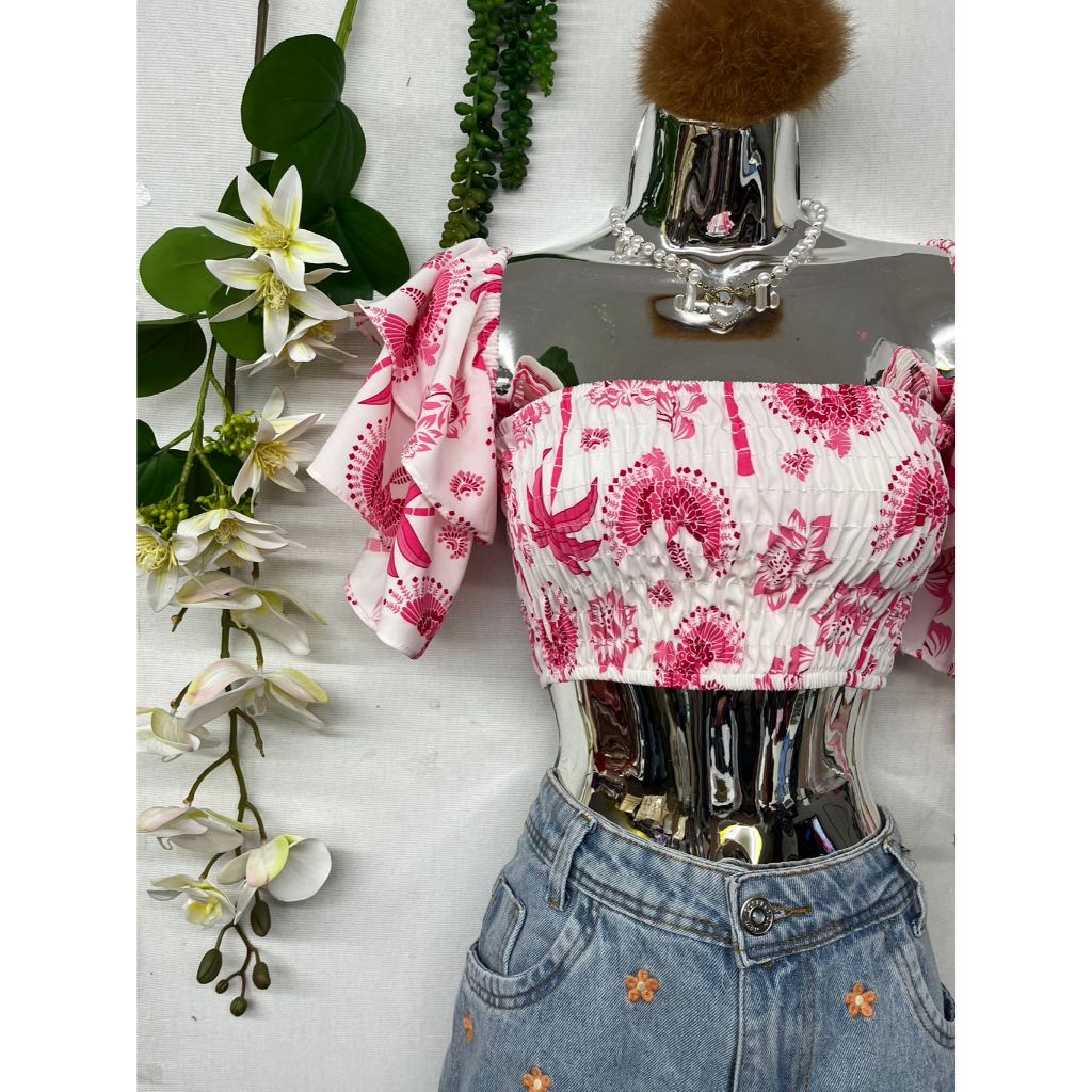 B077 tecido floral de manga curta para trompete elástico no peito em Oferta na Shopee
