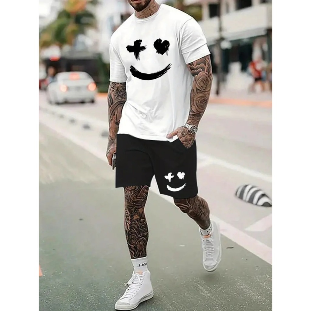 Kit Bermuda + Camiseta SORRISO AESTHETIC PRETO E BRANCO Malha Premium 30.1 Only  Streetwear