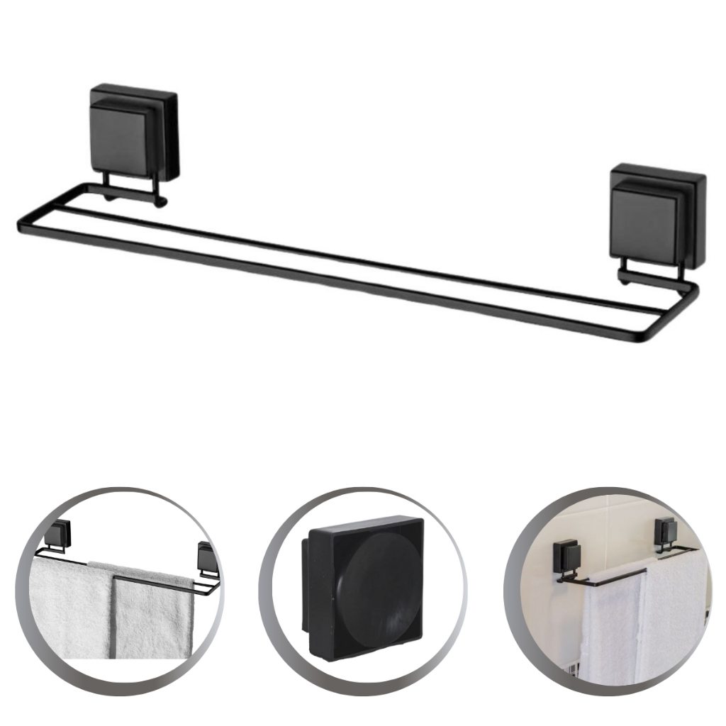 Toalheiro Porta Toalha com Ventosa Duplo em Aço Carbono Preto Fosco Sem Furo Future - Home & Living