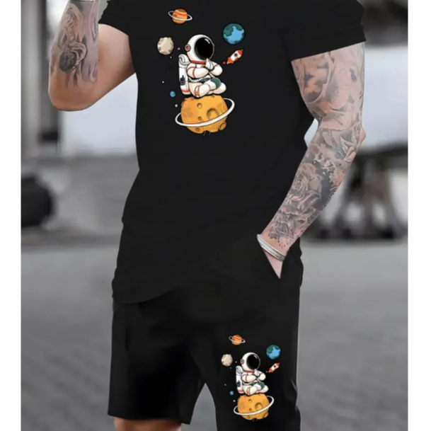 Conjunto Camiseta Oversized+Bermuda Moletom Estampada Astronauta Lua Planetinhas Flanelado Confortavel Streetwear