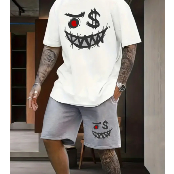 Conjunto Camiseta E bermuda Moletom Estampado Confortavel Masculino Estampa Sorriso Sifrão Streetwear