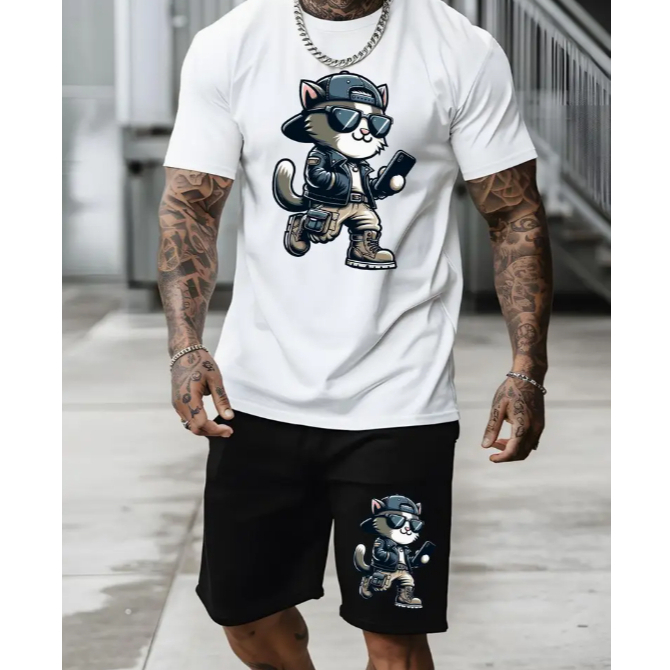 Conjunto Camiseta Oversized e Bermuda Moletom Confortavel Estampado Gatinho Estiloso Camiseta e bermuda Streetwear