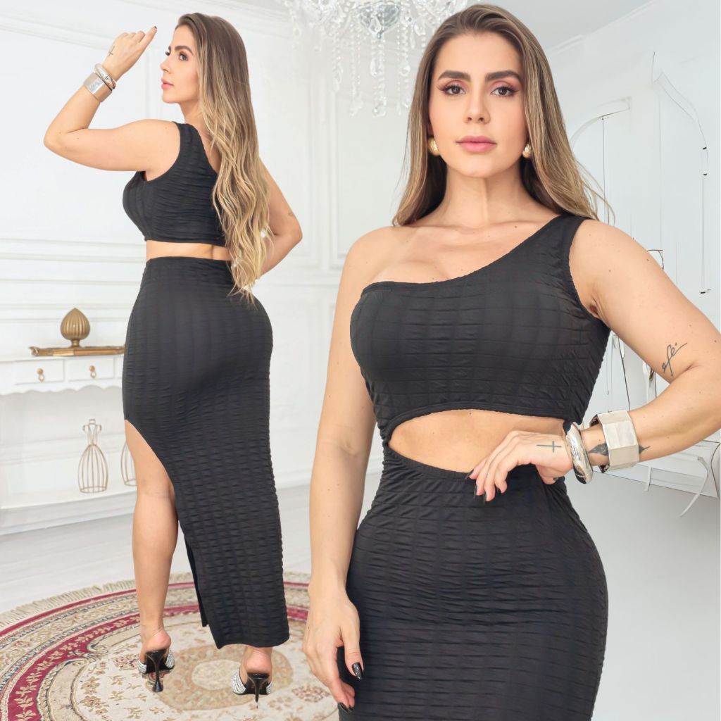 Vestido Longo Feminino Bubble Ombro Só Fenda Lateral Elegante Festa Social Presente de Natal Oferta