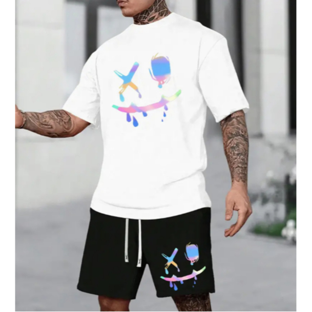 Conjunto Camiseta e Bermuda Moletom Estampado Sorriso Cores holográficas Moda Estampa Impressa DTF
