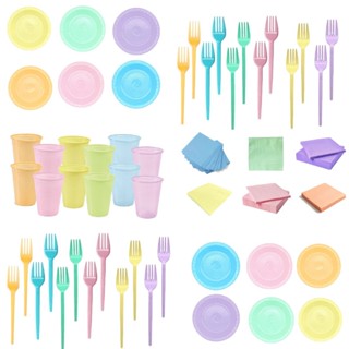Kit Festa 200 Itens Descartáveis 50 Copo + 50 Garfinho + 50 Guardanapo + 50 Pratinho Candy Colors em Oferta na Shopee