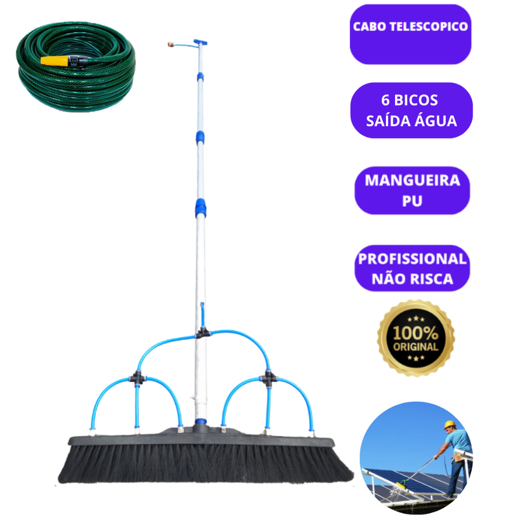 Vassoura Para Lavar Placa Solar Com 60cm e Mangueira 20 metros Profissional Cabo Telescópico de 3 até 12 Metros AquaSol