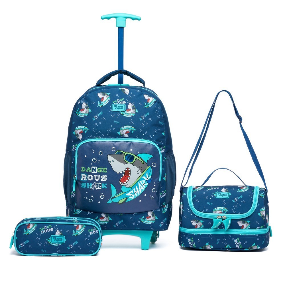 Kit Mochila Bolsa Escolar De Rodinhas Tubarão Azul Menino Infantil Escolar Lancheira Térmi...