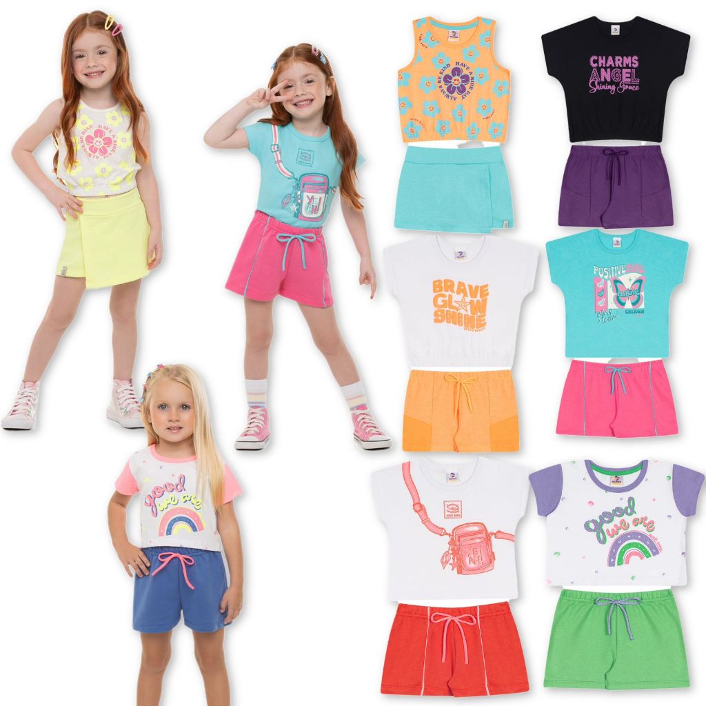 Kit Sortido 8 Peças de Roupas Infantil Menina 4 Camisetas+4 Shorts 4 Conjuntos Verão Bebê- 01 ao 10