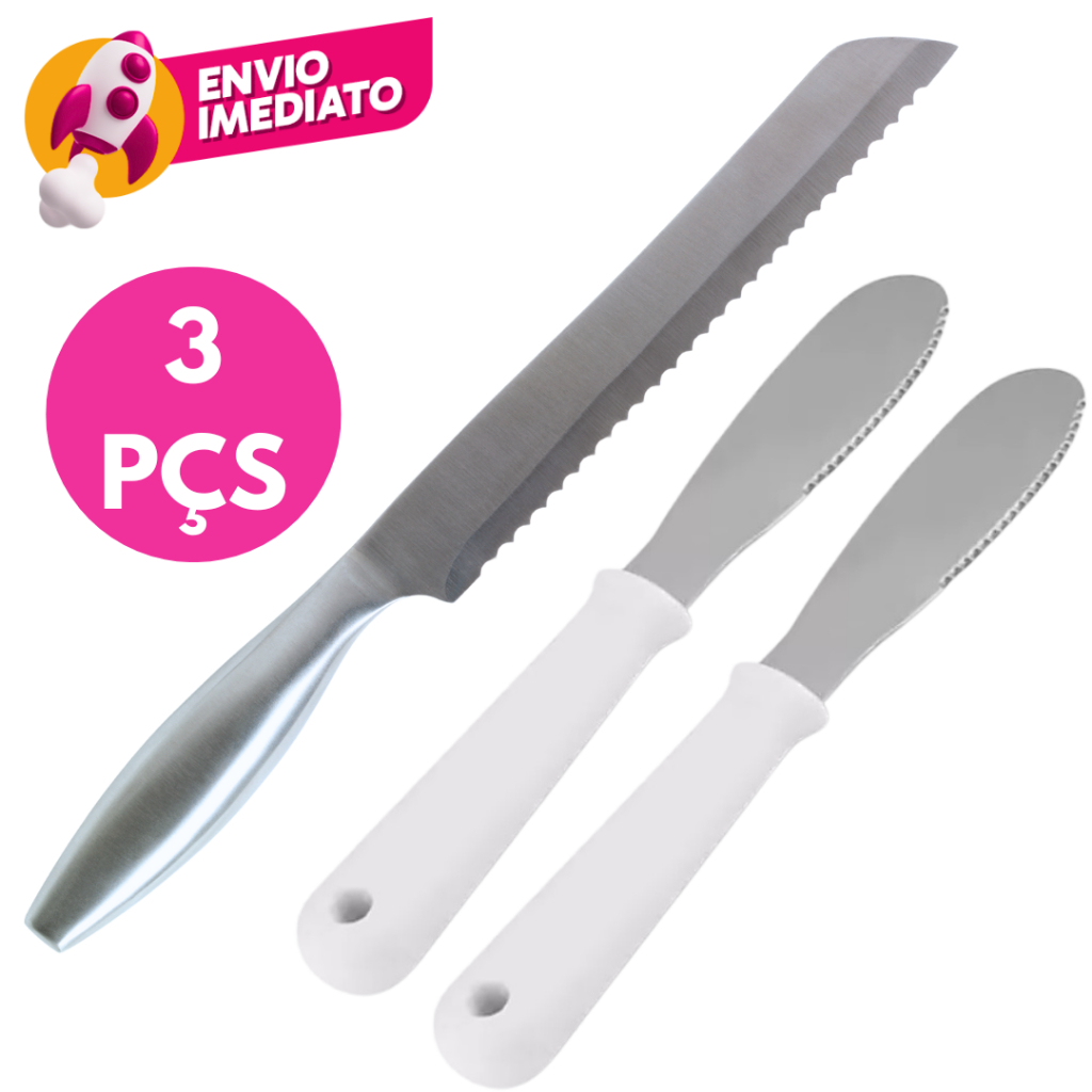 Kit 03 Un Faca Para Pão Em Aço Inox E 2 Espátula Para Manteiga Patê Inox Com Cabo Branco