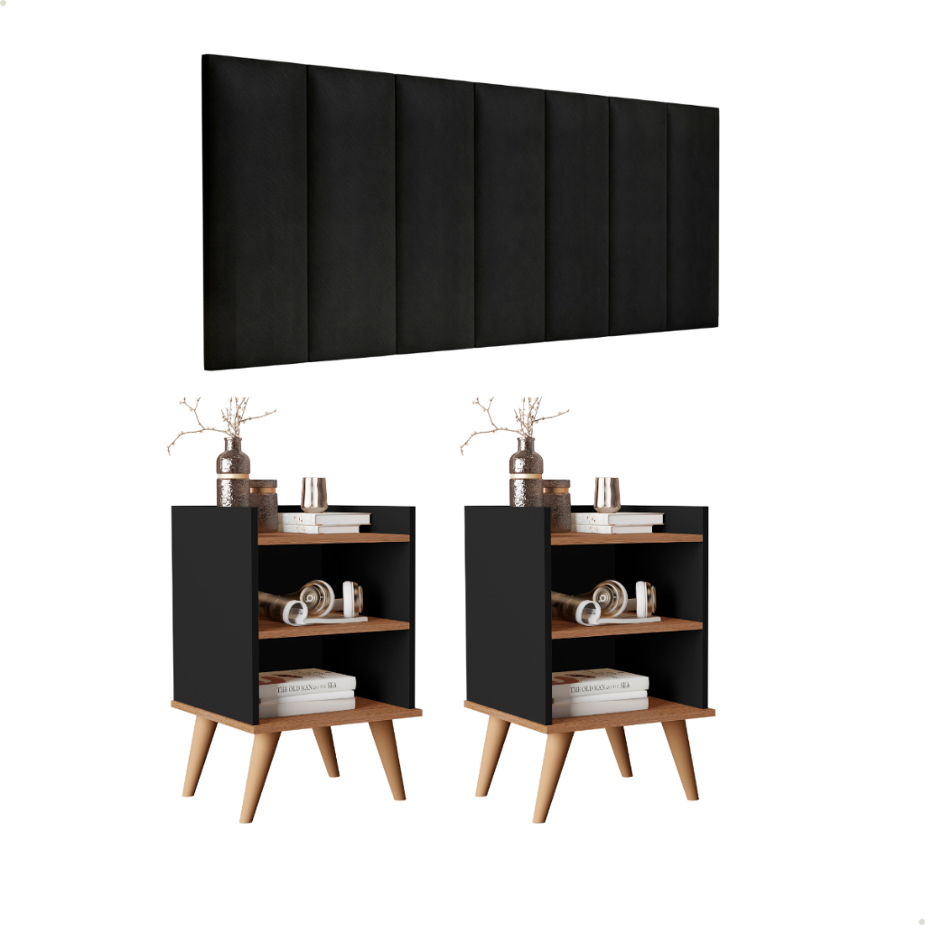 Kit Quarto Queen Cabeceira Madri 1,60 e 2 Mesas de Cabeceira Retrô 2 Nichos 1 Prateleira Jade preto