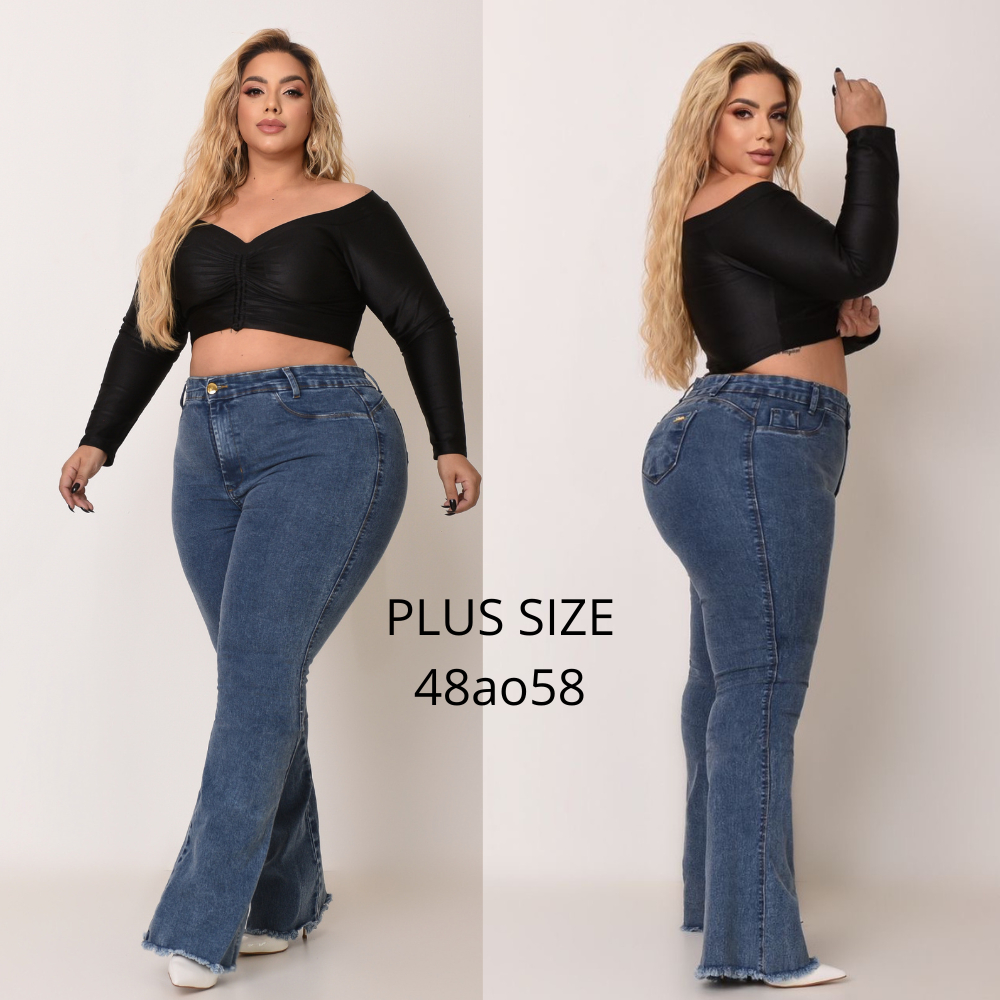 Calça Jeans Flare Plus Size Cintura Alta Lycra Elastano Premiun Efeito Levanta Bumbum Curve Premier