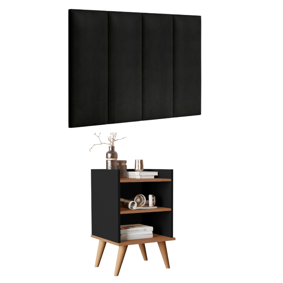 kit quarto solteiro - 1  mesa de cabeceira 2 nichos e prateleira jade e uma cabeceira 0,90 preto