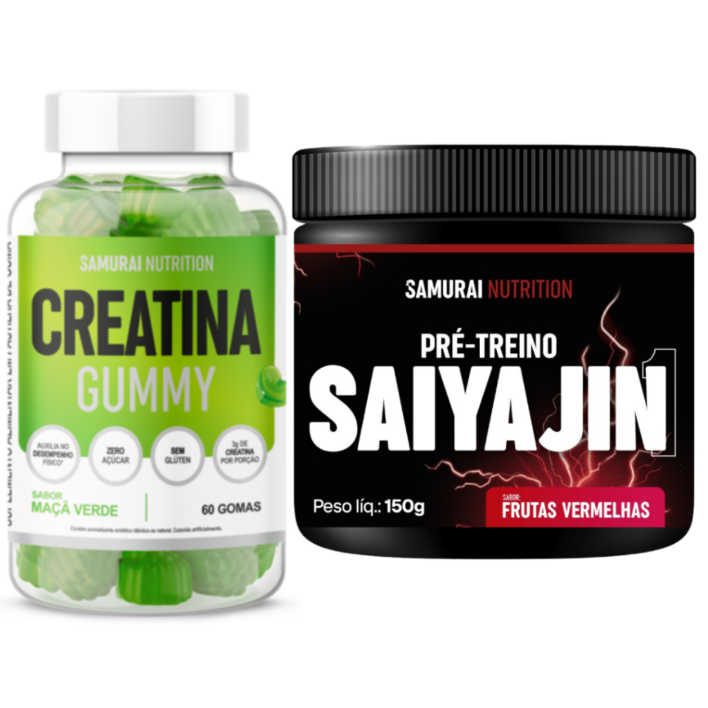 Kit 1x Creatina Gummy 60 Gomas Maça Verde + 1x Pré Treino Saiyajin 150g - Samurai Nutrition em Oferta na Shopee