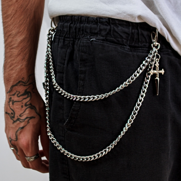 Acessorio Corrente Dupla Cruz Prateado P/Calça Masculino Moto Club Altenativo