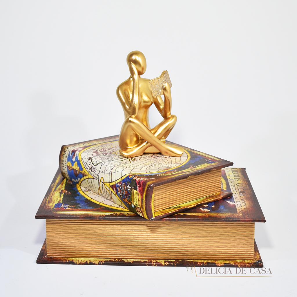 Conjunto Decoração Caixa Livro Fake Decorativa em madeira e Estatueta Leitora Figura Pensador Luxo