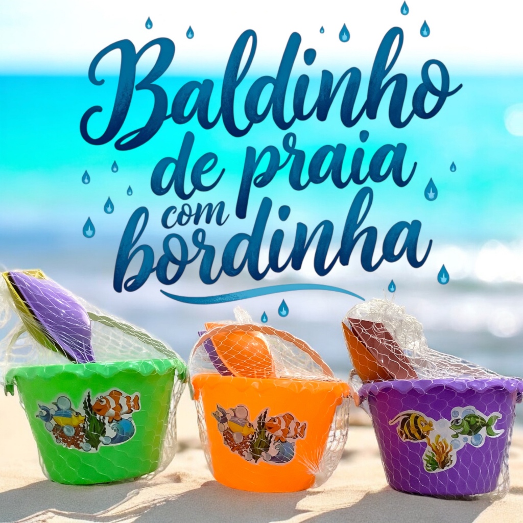KIT BALDINHO DE PRAIA COM BORDINHAS ACOMPANHA PAZINHAS-REF.6031-Ar Livre Parques -Pequeno- em Oferta na Shopee