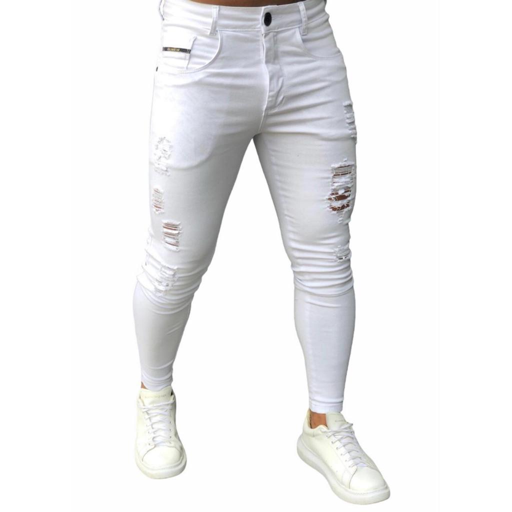Calça Skinny Branca Destroyed Rasgada Masculina Premium Streetwear Super Skinny Justinha ao Corpo